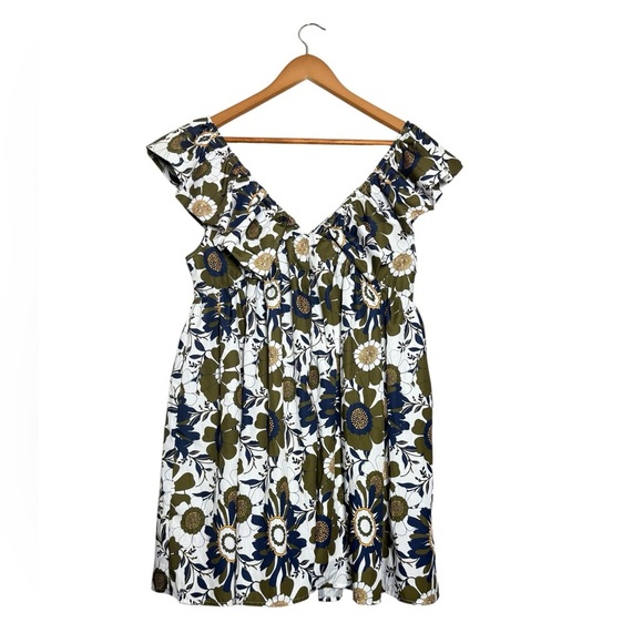 Floral Ruffle Mini Dress Green & Blue With Black Bow Women’s Large NWT - Picture 6 of 9